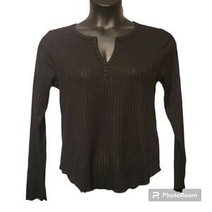 BP Nordstrom Black long Sleeve Ribbed V Neck Top Women's Large